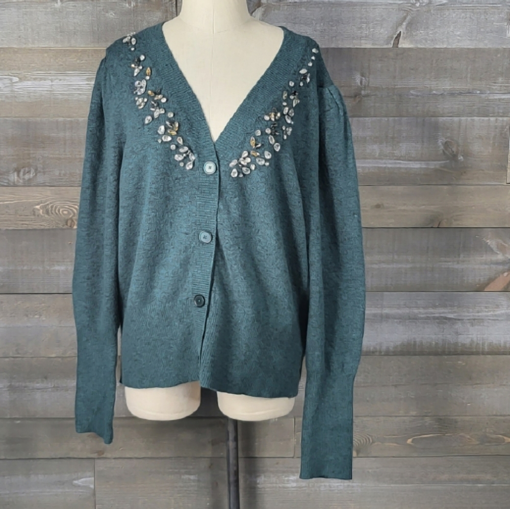 NWT Express Embellished Faux Button Up Green Pull Over Puff Sleeves Card…